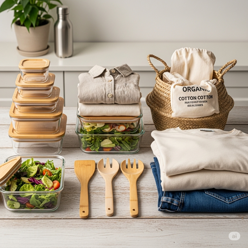 Mikroplast symboliseret ved plastfri produkter, som man kan vælge. Glasbøtter, tøj i naturmaterialer, grydeskeer i træ mm.