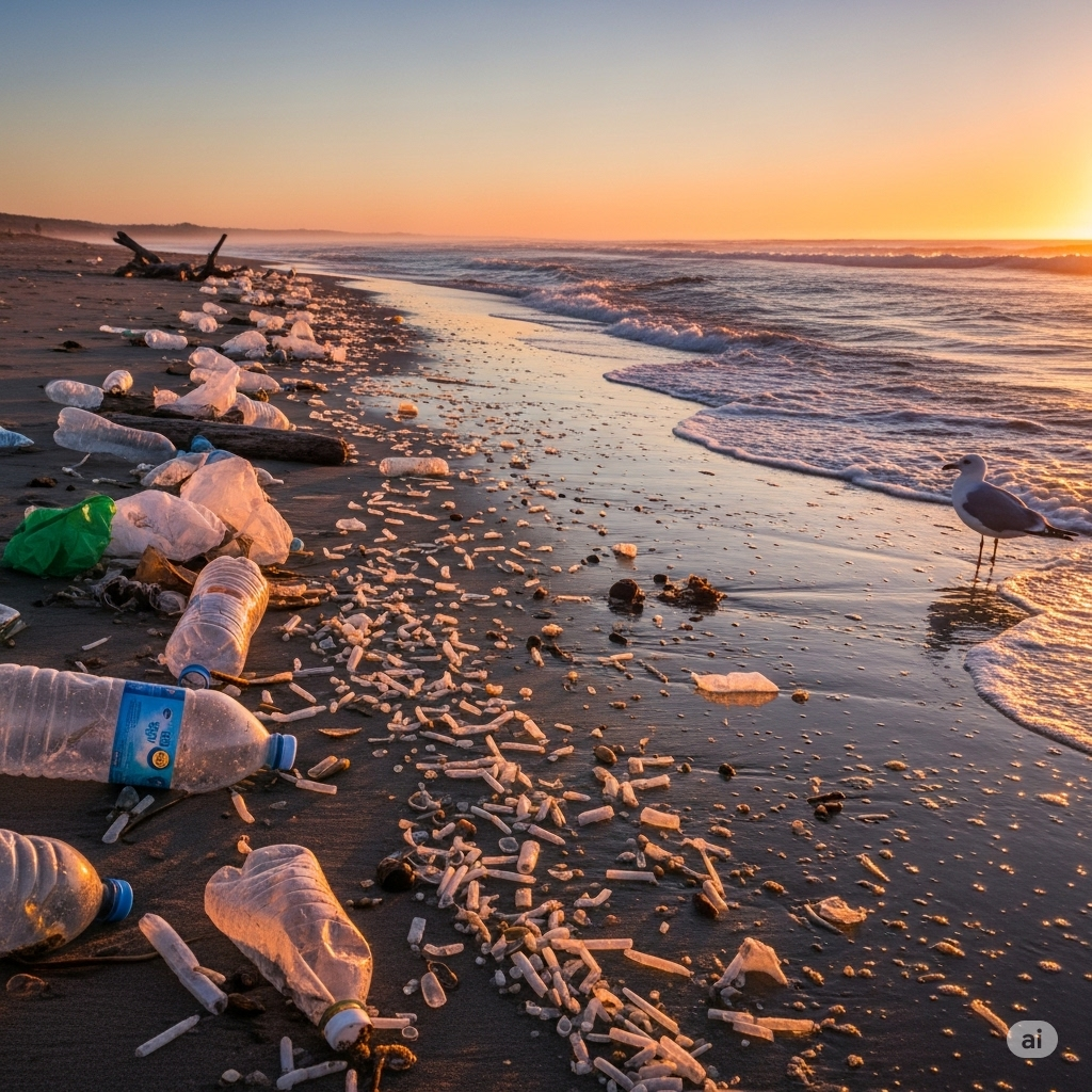 Mikroplast symboliseret ved strand i solnedgang, hvor der ligger en masse plastaffald i vand og strandkanten.