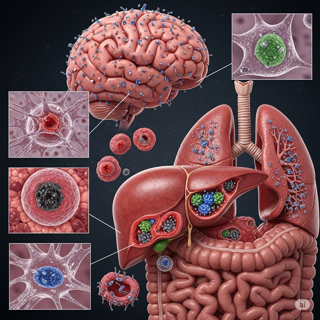 Mikroplast symboliseret ved skematisk oversigt over de organer, hvor plasten bl.a. ophobes. Herunder lever, lunger, tarmsystem og hjernen.