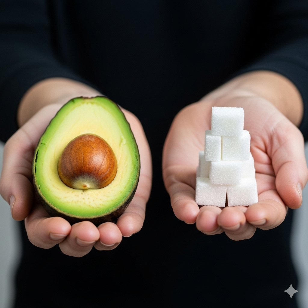 At øge energi og bekæmpe træthed symboliseret ved to hænder. Den ene holder ½ avocado frem og den anden en stak sukkerknalder. 