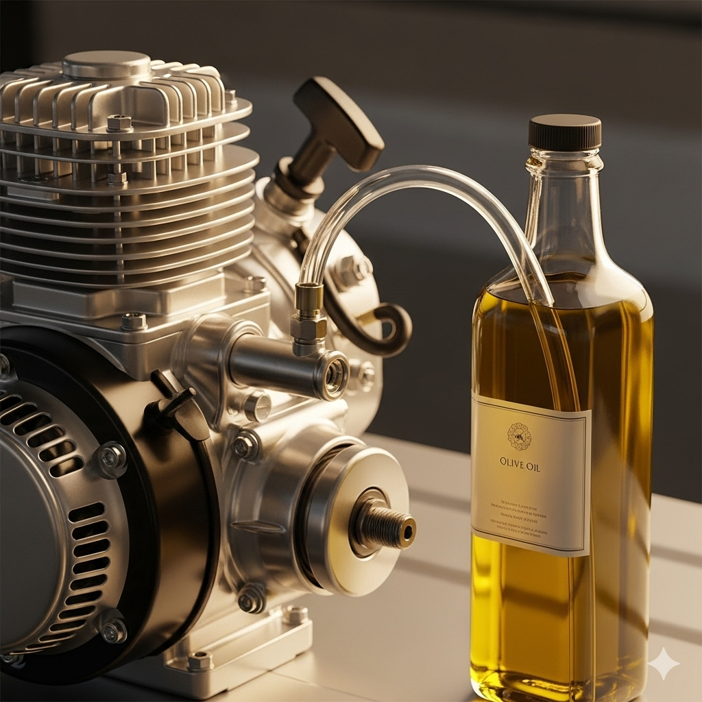 At øge energi og bekæmpe træthed symboliseret ved en motor der står frit på et bord og en flaske olie ved siden af.