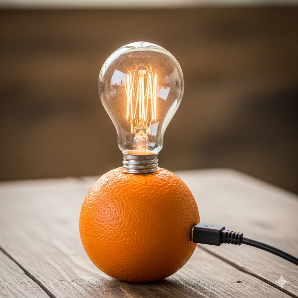 At øge energi og bekæmpe træthed symboliseret ved en appelsin på en træbordplade. I appelsiner er der sat en symbolsk el-pære og et el-stik.