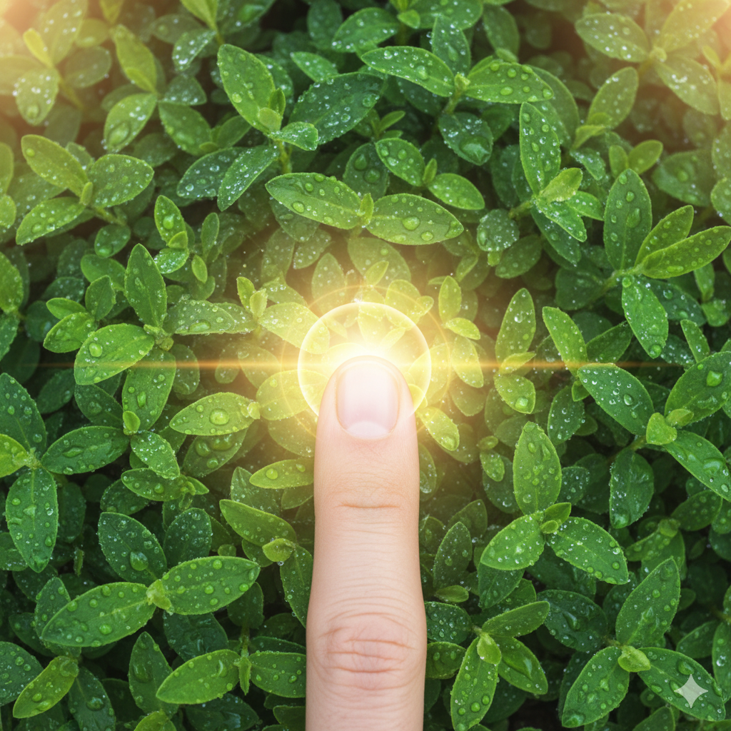 At øge energi og bekæmpe træthed symboliseret ved en masse grønne blade og en finger der peger på lys i midten af disse.