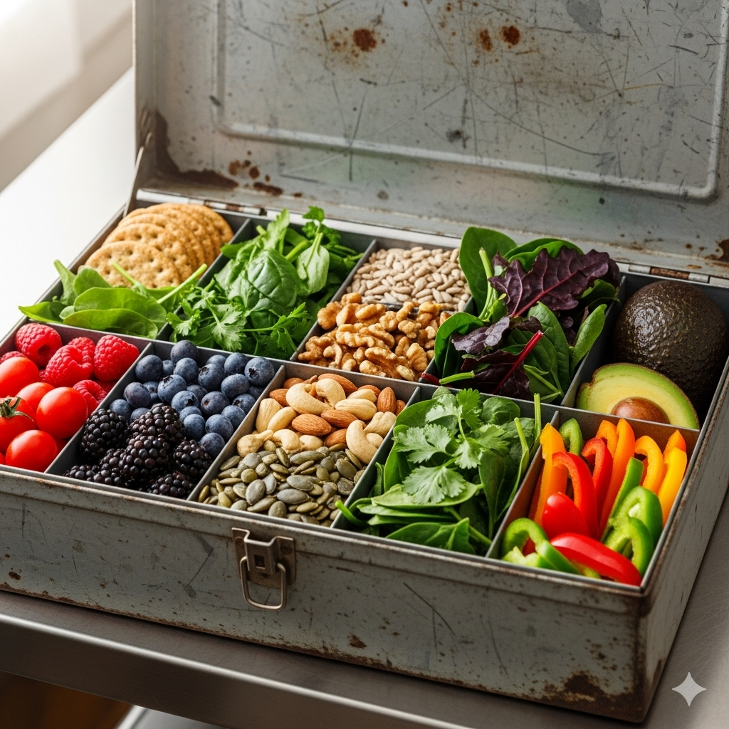 At øge energi og bekæmpe træthed symboliseret ved en kuffert i metal opdelt i rum, hvor der ligger forskellige grøntsager i hvert af disse.