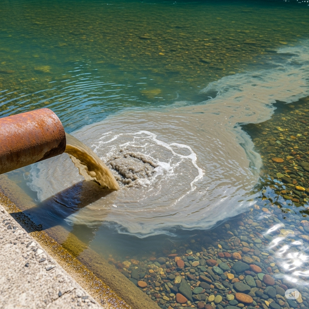 Pesticider symboliseret ved klamt forurenet vand. Der er et rør der leder grumset vand ud i rent vand.