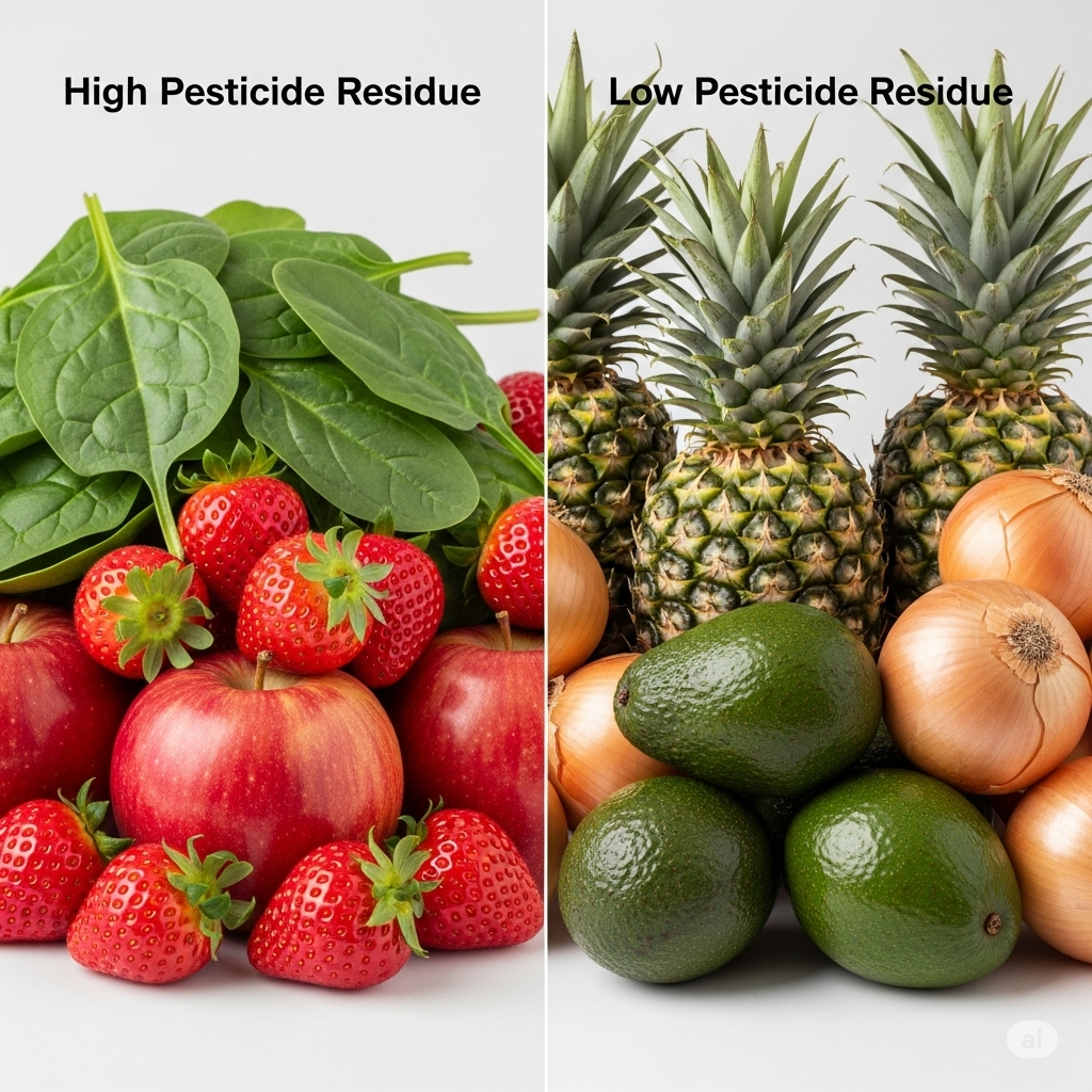 Pesticider symboliseret ved jordbær, æbler og salat til venstre og avocado, ananas og løg til højre.