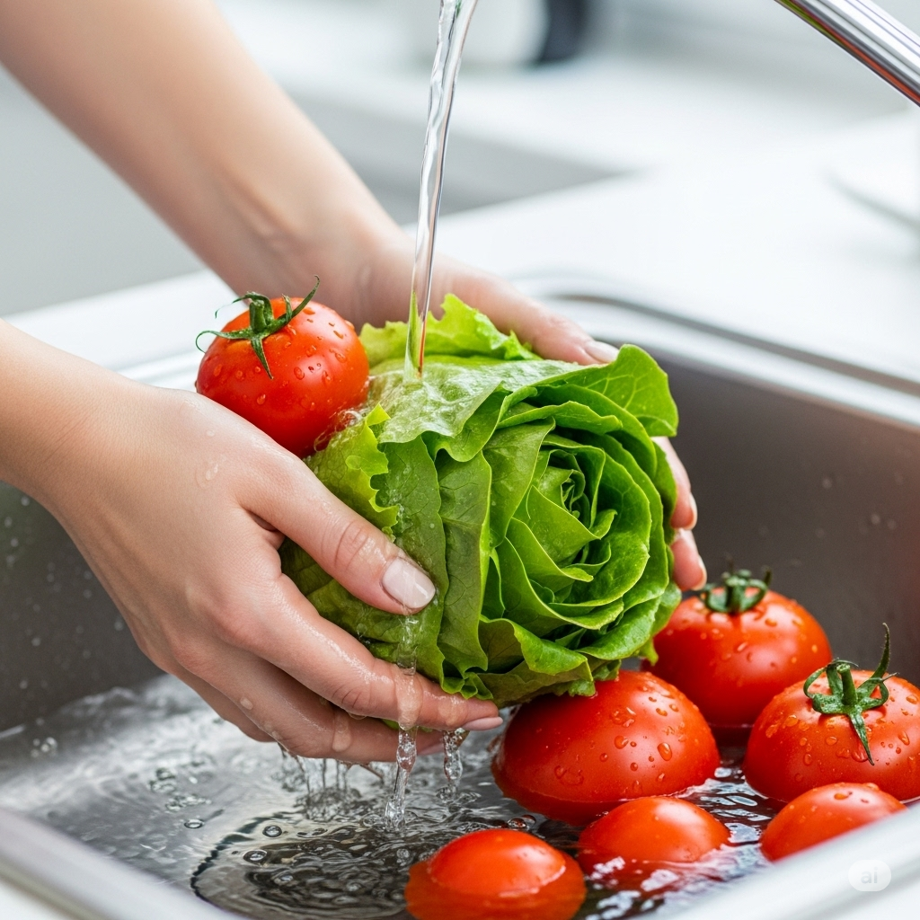 Pesticider symboliseret ved en der skyller tomater og salat i en køkkenvask.