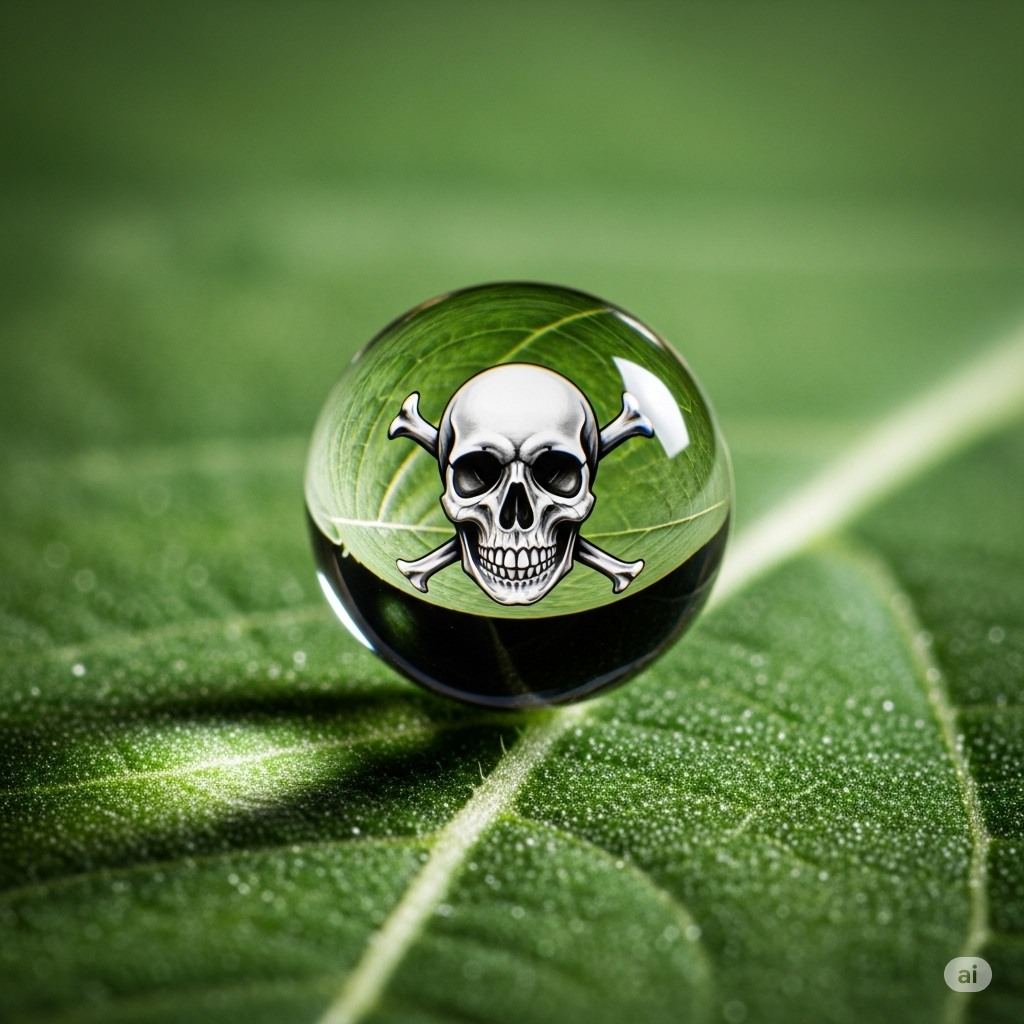 Pesticider symboliseret ved en glaskugle med et kranie der står på noget grønt.