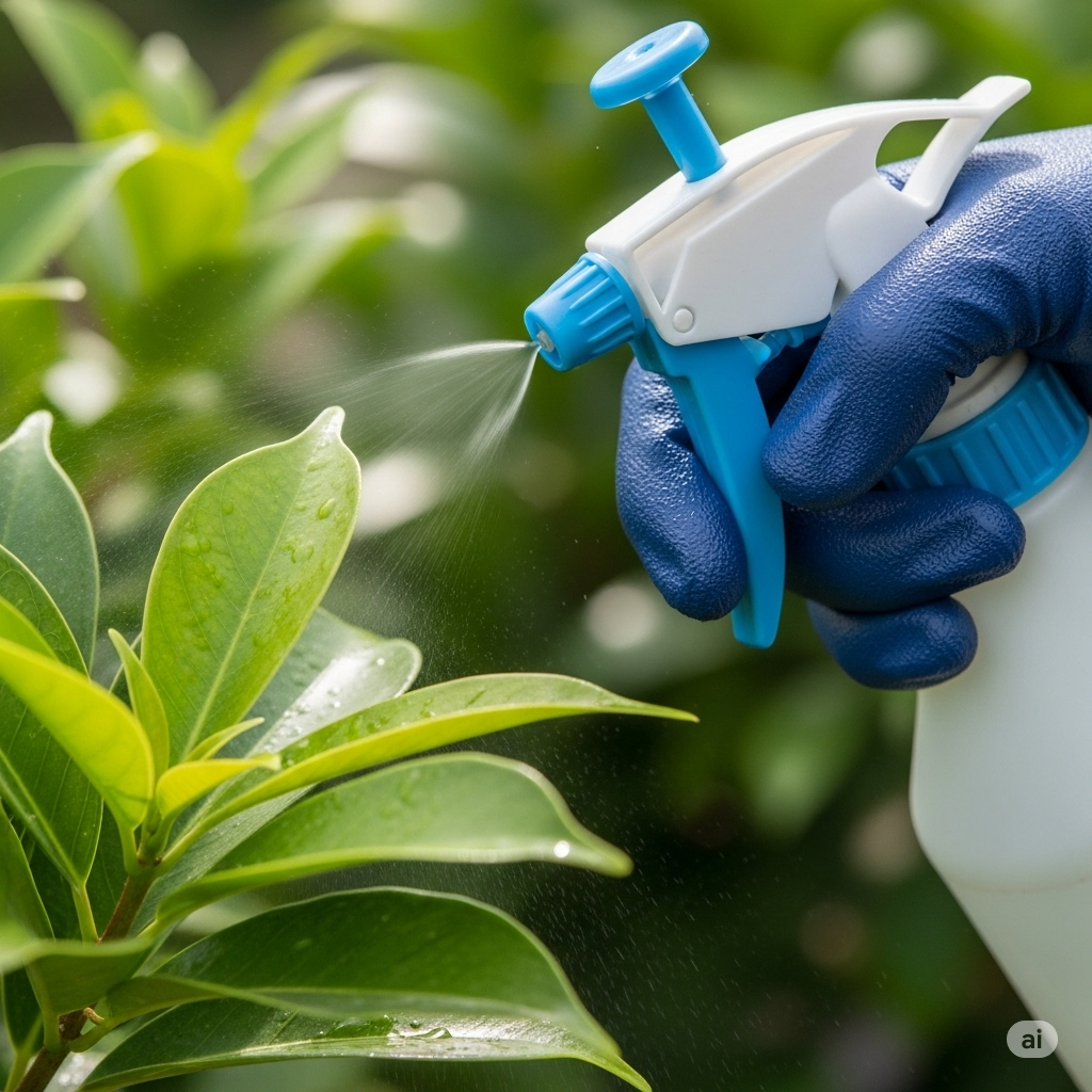 Pesticider symboliseret ved en behandsket hånd der sprayer en plante med en sprayflaske.