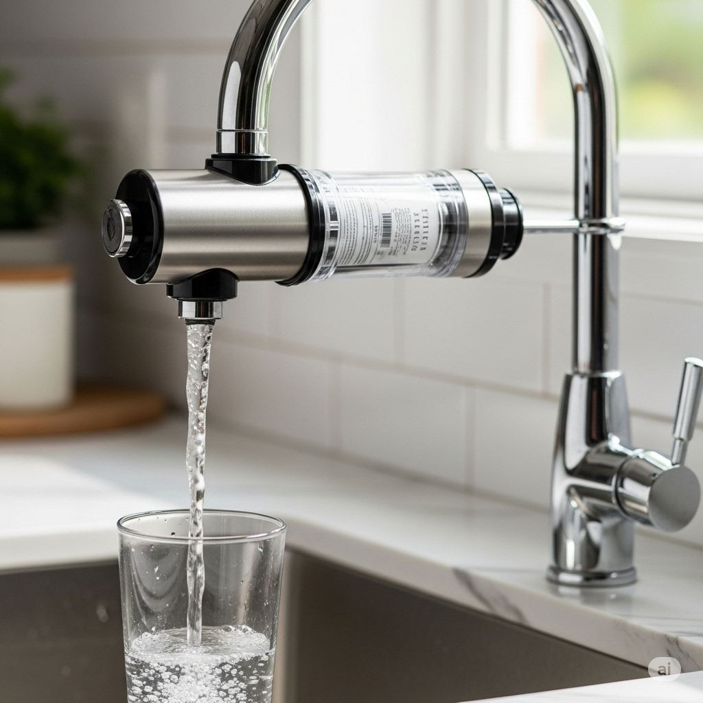 Pesticider symboliseret ved en køkkenvandhane med rensefilter monteret.