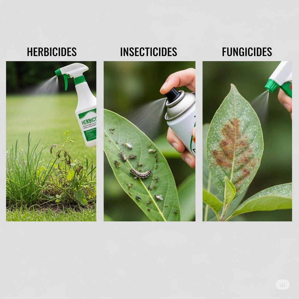 Pesticider symboliseret ved planche der viser anvendelse af pesticider - mod svampe, insekter og ukrudt.