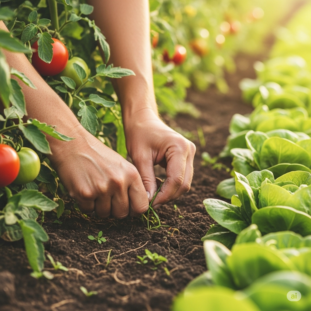 Pesticider symboliseret ved et sæt hænder der arbejder med at sætte små planter i jorden. Der er også tomatplanter og salat på række.