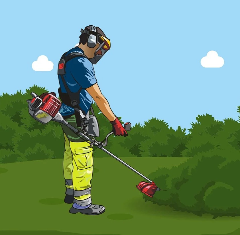 Pesticider symboliseret ved en mand der står og sprøjter i sin have iført sikkerhedsudstyr.