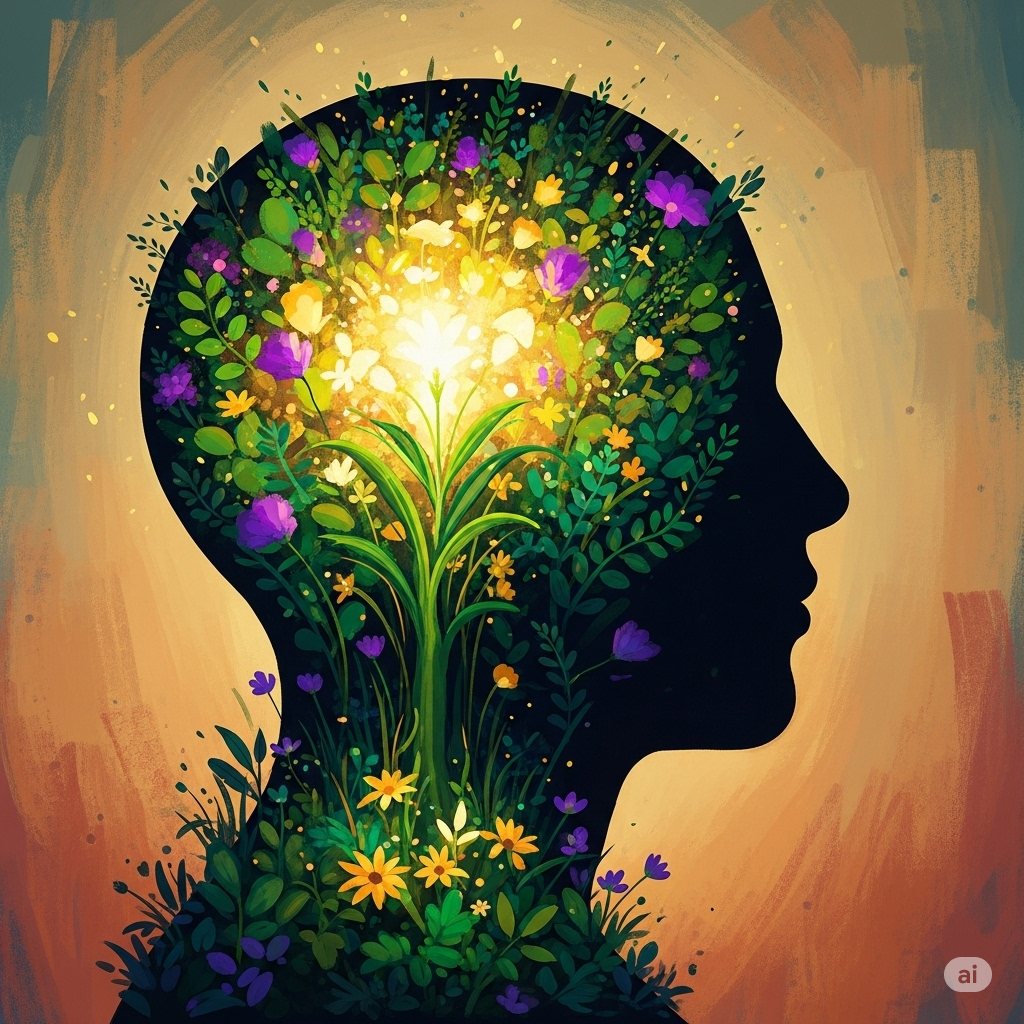 Placebo- og nocebo effekten symboliseret ved en silhuet med lys ved hjernen og en masse små blomster inde i kroppen.