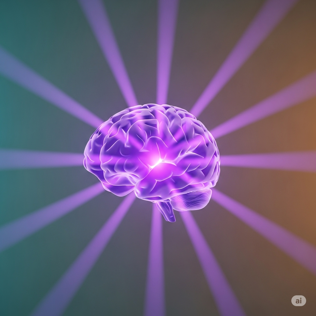 Placebo- og nocebo effekten symboliseret ved tegning af lilla hjerne, hvor der kommer stråler ud fra denne.