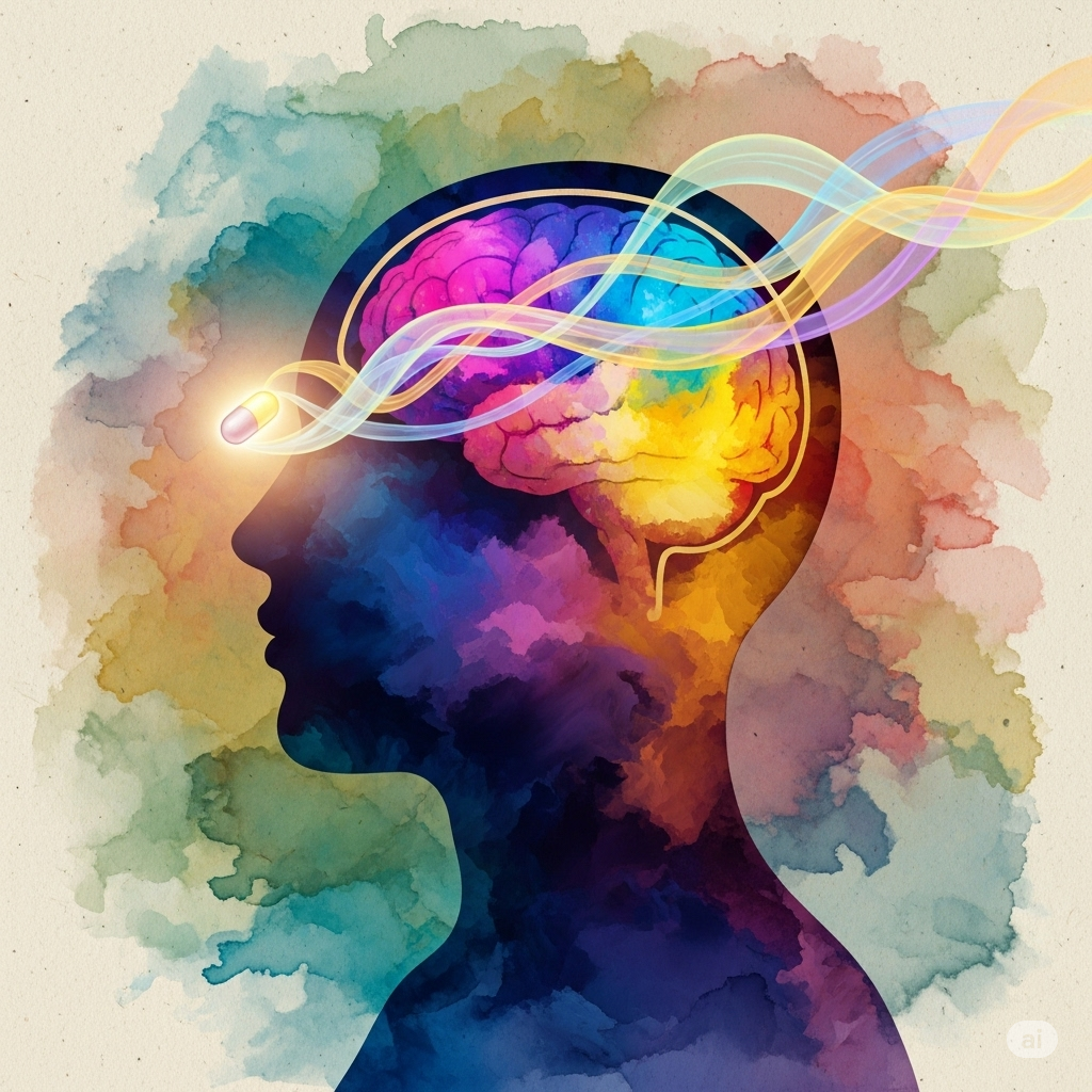 Placebo- og nocebo effekten symboliseret ved en silhuet med en masse farver i hjernen.