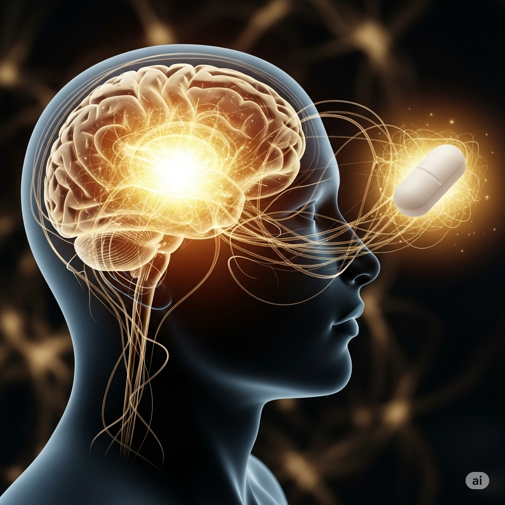 Placebo- og nocebo effekten symboliseret ved et hoved fra siden med en oplyst hjerne og en tråd ud til en pille foran ansigtet.