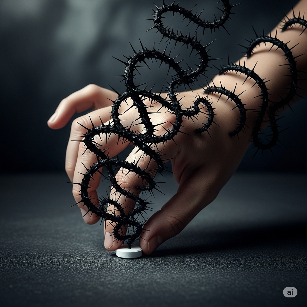 Placebo- og nocebo effekten symboliseret ved en hvid pille som en hånd rækker efter. Der snor sig en slange op at hånden fra pillen.