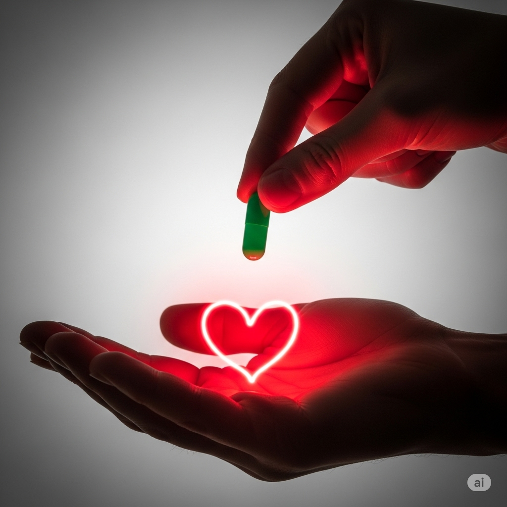 Placebo- og nocebo effekten symboliseret ved en hånd der holder en pille over den anden hånd, hvor der er tegnet et lille hjerte. Rød farve i håndfladen.