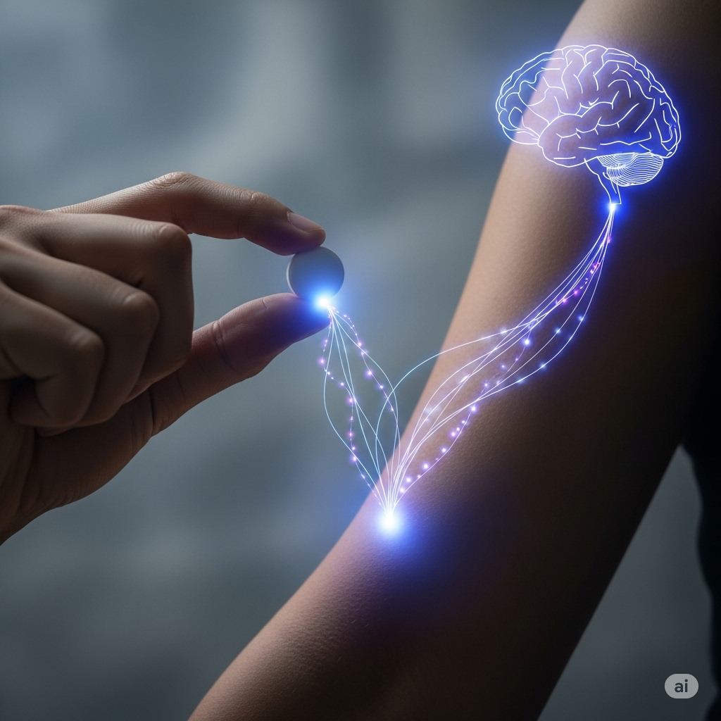 Placebo- og nocebo effekten symboliseret ved en hånd der holder en pille foran en arm. Fra pillen går lys gennem armen til en tegnet hjerne ud for skulderen.