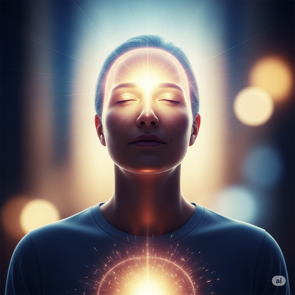 Placebo- og nocebo effekten symboliseret ved en kvinde, med oplyst ansigt og hjerteområde.