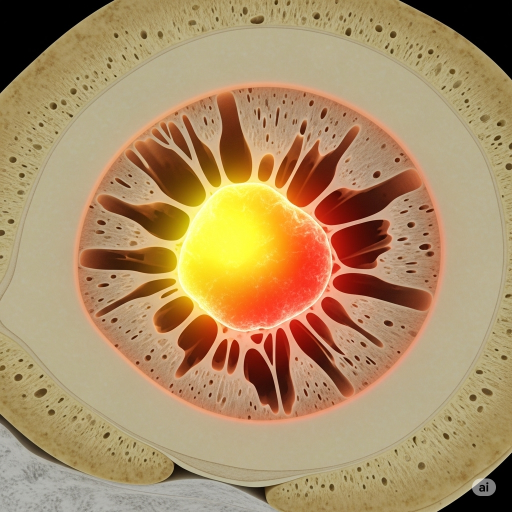 Knoglescintigrafi symboliseret ved skematisk snit i knogle.