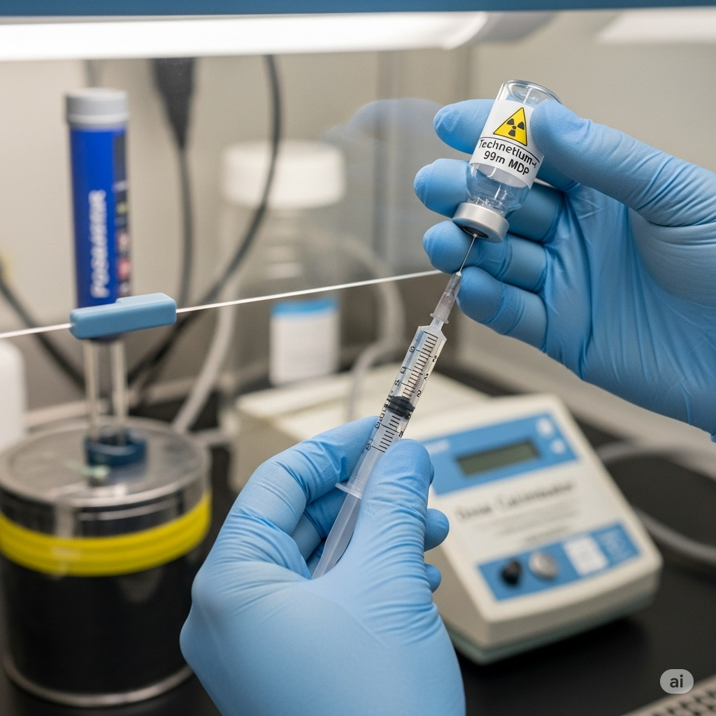 Knoglescintigrafi symboliseret ved hænder med blå handsker, der trækker et sporstof op i sprøjte fra hætteglas.