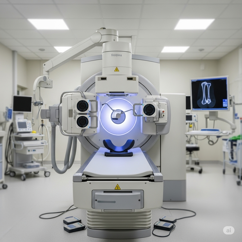 Knoglescintigrafi symboliseret ved apparatur til scintigrafi. Stort apparat i midten af rummet.