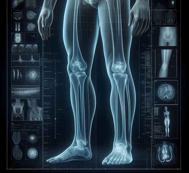 Knoglescintigrafi symboliseret ved scanningsbillede af ben fra person.
