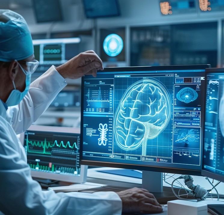 Knoglescintigrafi symboliseret ved en læge der ser på nogle scanningsbilleder på en skærm.