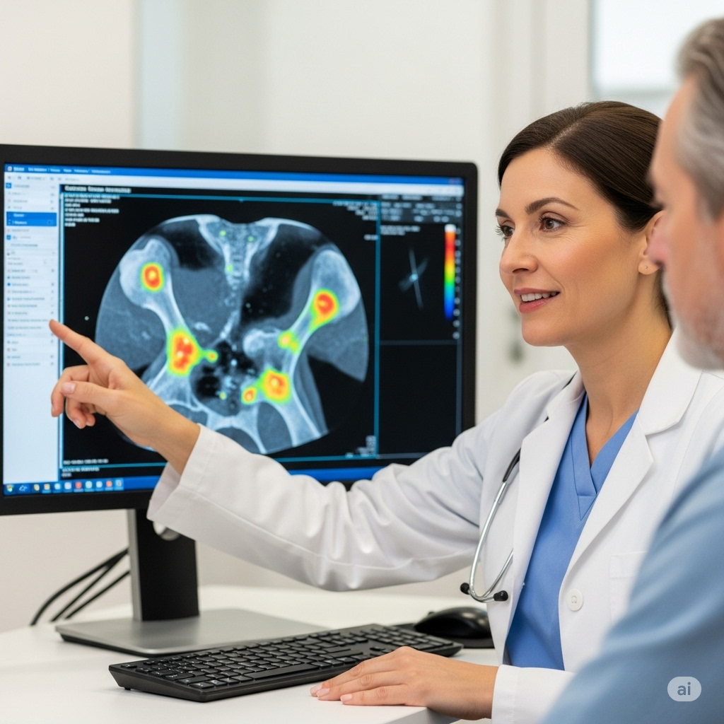 Knoglescintigrafi symboliseret ved kvindelig læge der peger på en skærm med scanningsbillede.