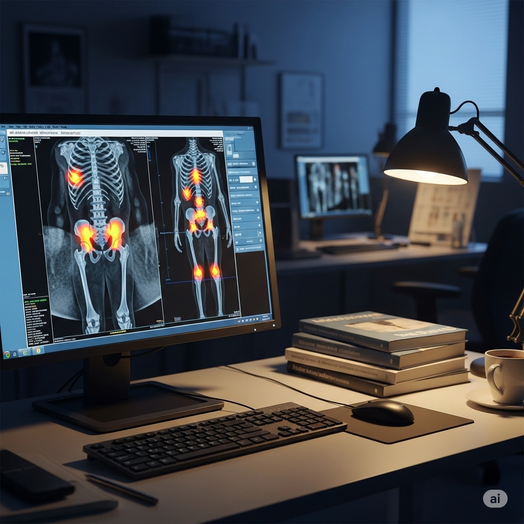 Knoglescintigrafi symboliseret ved scanning der ses på en computer. 