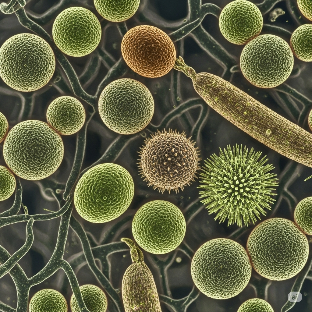 Skimmelsvamp i hjemmet symboliseret ved mikroskopibillede af skimmel, der ses som forskellige kugler og pølser. Nogle med pigge. Grønlige og brunlige.