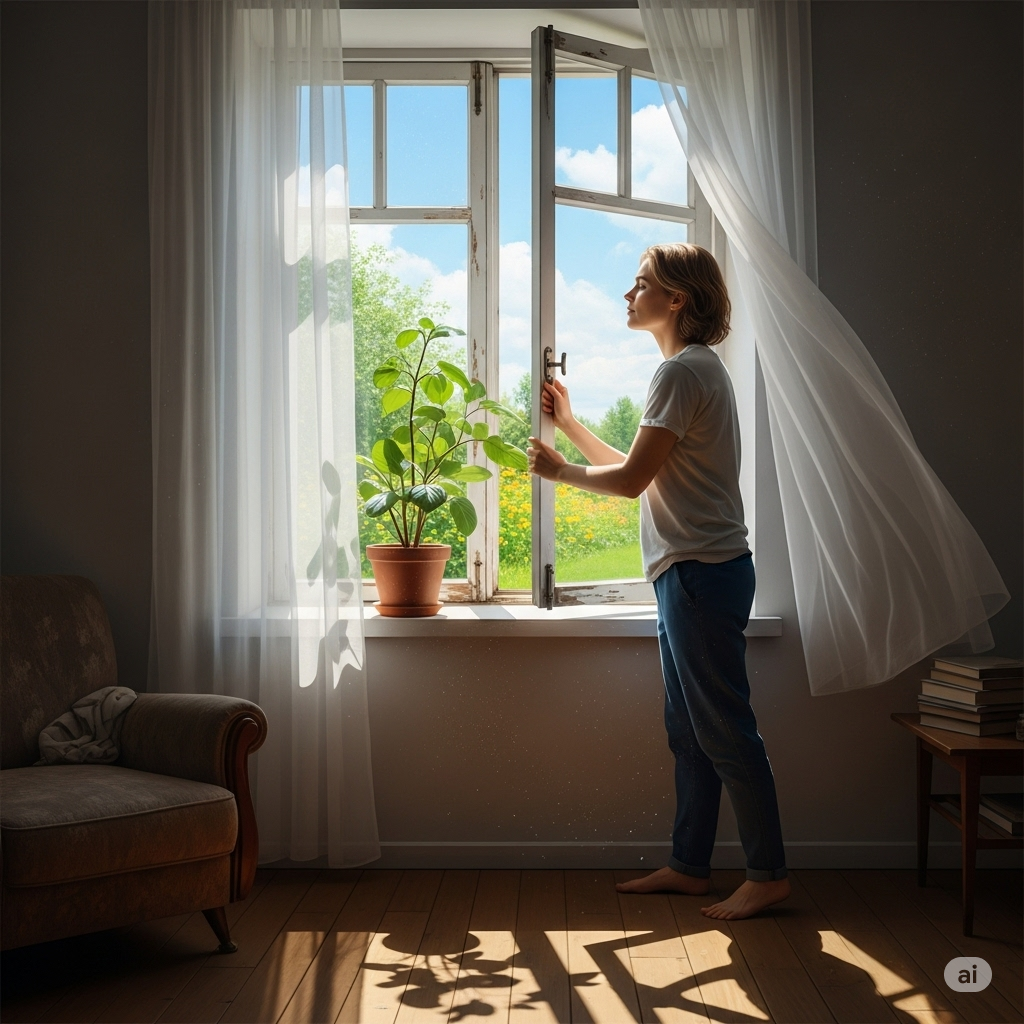 Skimmelsvamp i hjemmet symboliseret ved en kvinde der åbner et vindue i en stue.