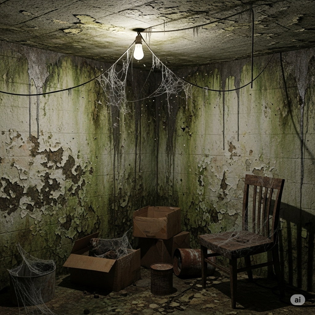 Skimmelsvamp i hjemmet symboliseret ved en klæder, hvor der er skimmel på møbler og vægge.