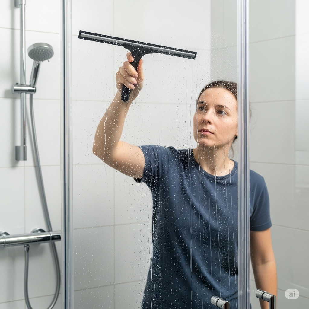 Skimmelsvamp i hjemmet symboliseret ved en kvinde i blå t-shirt, der svabrer glasvæggen i brusekabine.