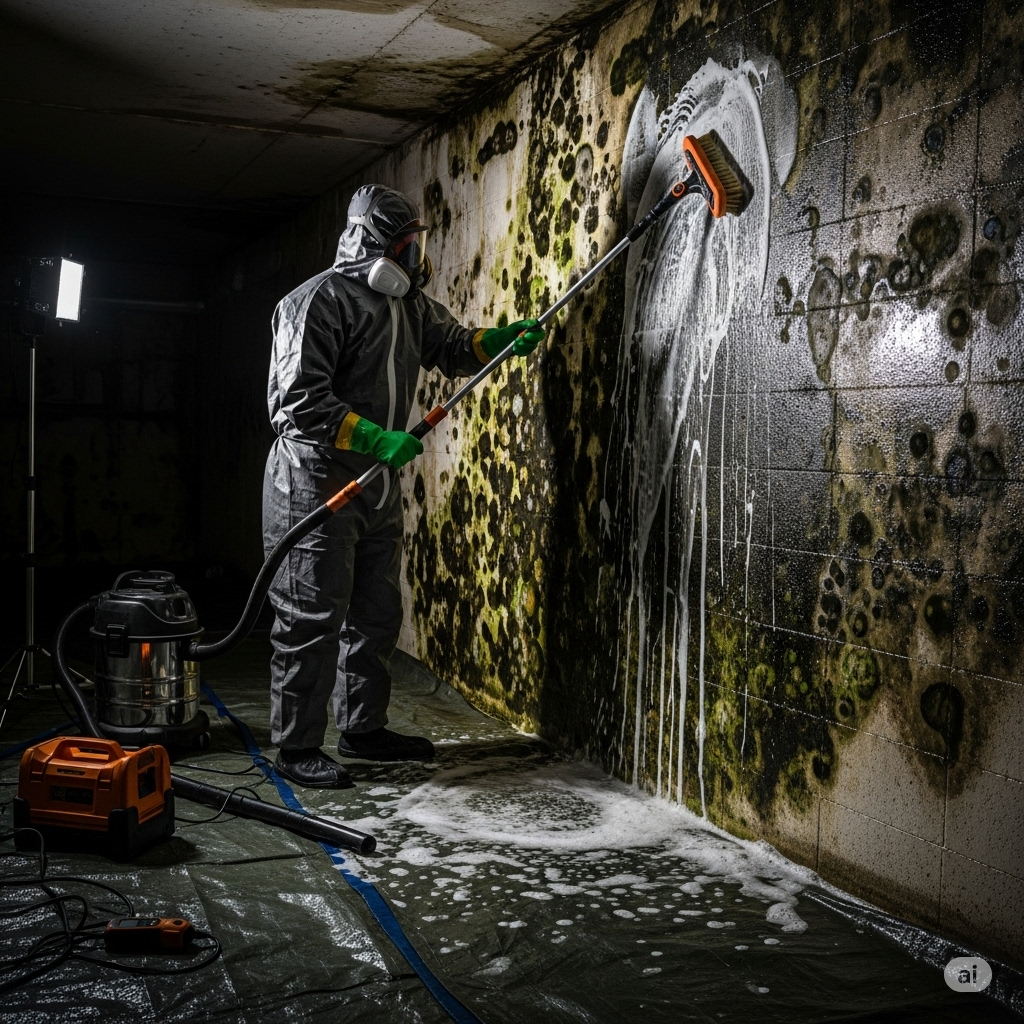 Skimmelsvamp i hjemmet symboliseret ved en mand i beskyttelsesdragt, der fjerner massiv skimmel fra et formentlig kælderrum.