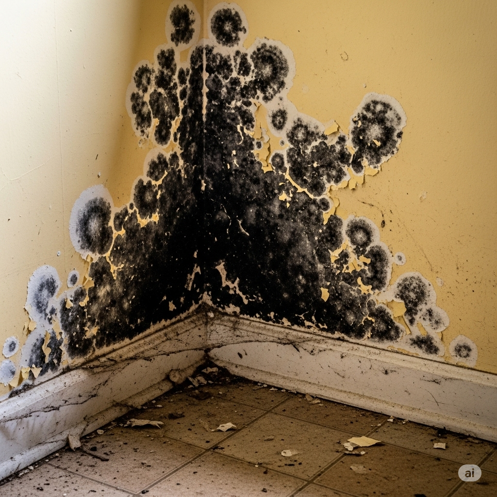 Skimmelsvamp i hjemmet symboliseret ved et hjørne med fodpanel og en gullig væg med store sorte plamager af svampevækst. Flisegulv anes i forgrunden.