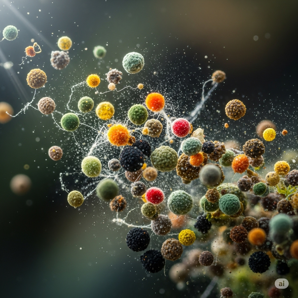 Skimmelsvamp i hjemmet symboliseret ved en farverig hob af skimmelpartikler.