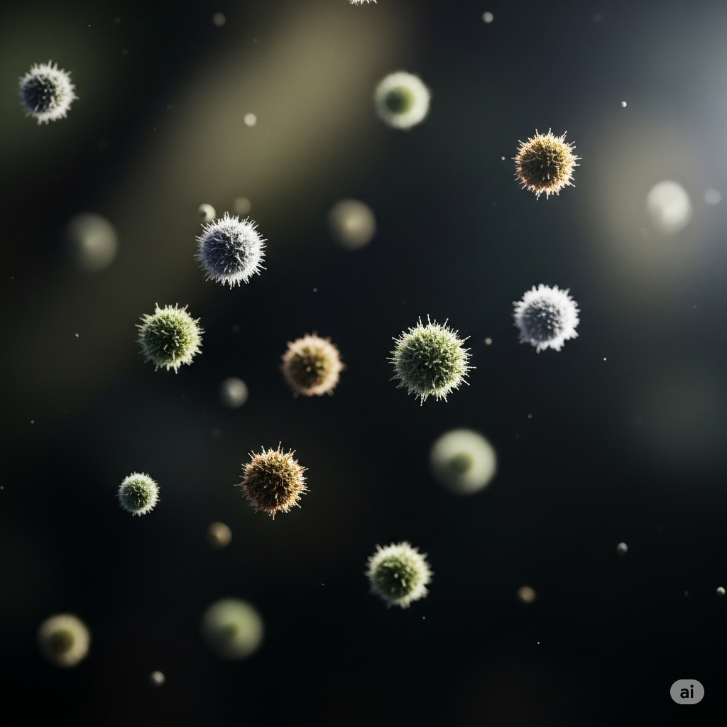 Skimmelsvamp i hjemmet symboliseret ved svævende kugler i luften af skimmel.