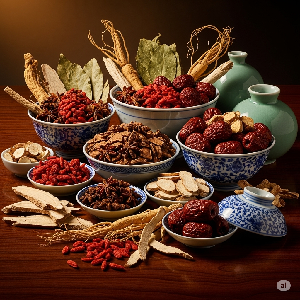 TCM behandling symboliseret ved en masse skåle med forskellige urter.