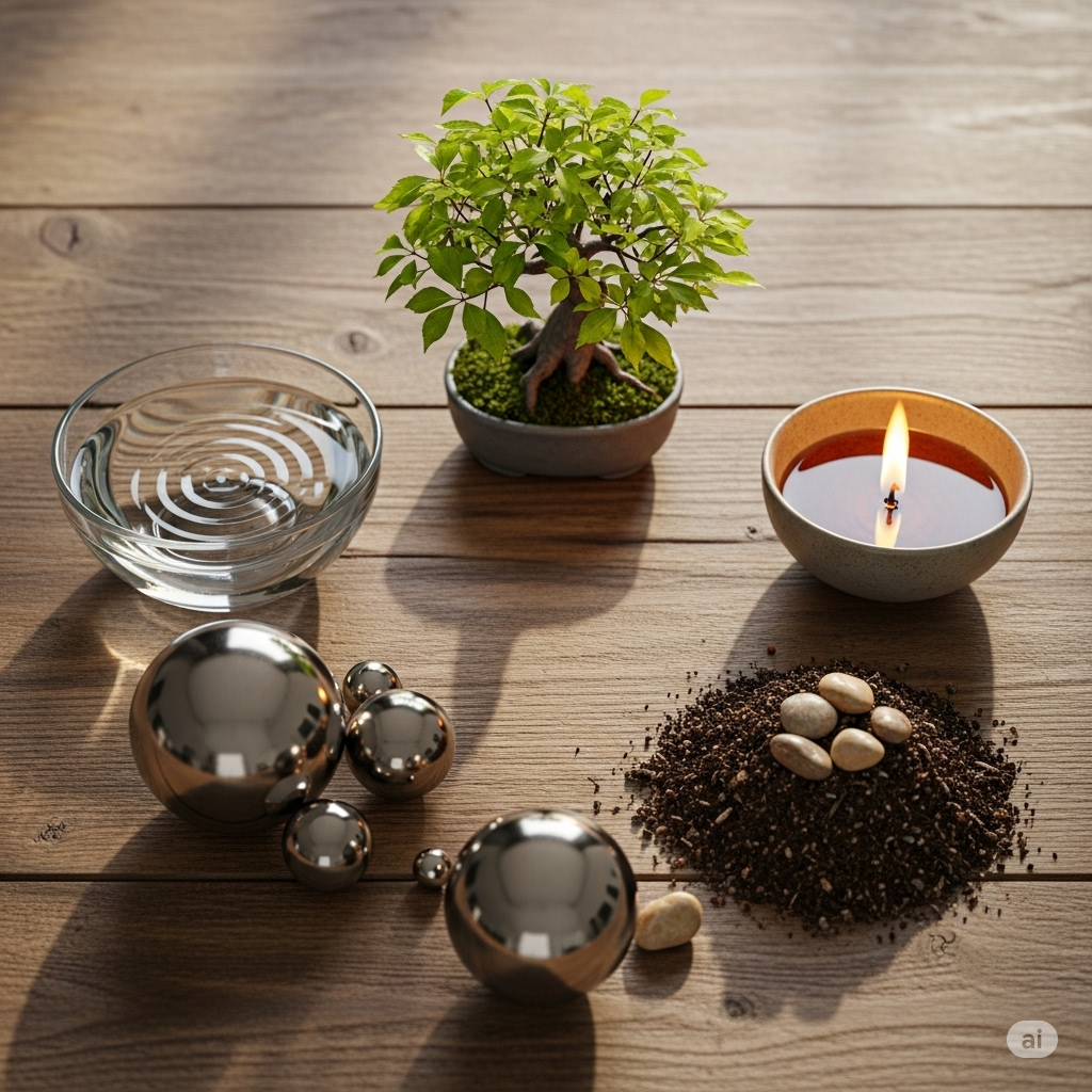 TCM behandling symboliseret ved de 5 elementer. En lille skål med lys, en lille bunke jord med nogle små sten, en metalkugle, en skål med vand, en lille bonzai.