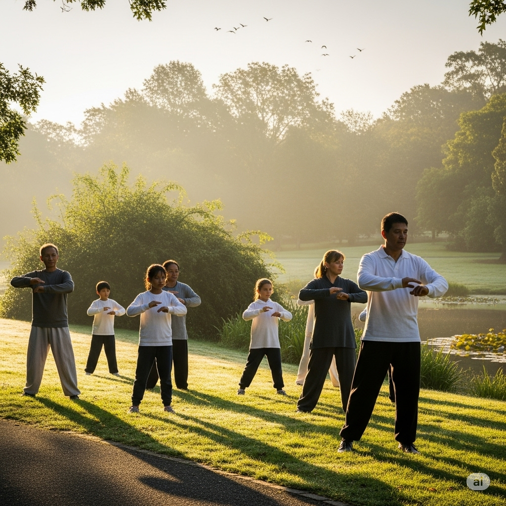TCM behandling symboliseret ved en gruppe mennesker der står og laver øvelser på en græsplæne med en sø i baggrunden.