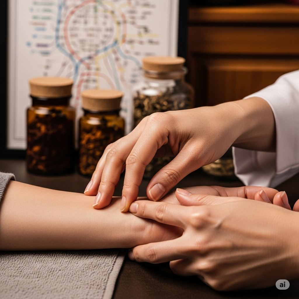 TCM behandling symboliseret ved en fremstrakt underarm, hvor et sæt hænder mærker efter puls og undersøger armen.