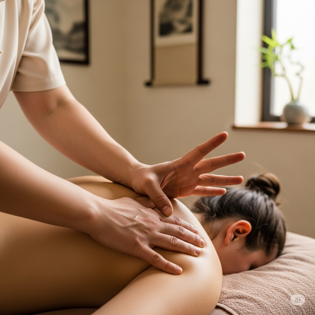 TCM behandling symboliseret ved en person der ligger på maven på en briks og får massage på ryggen.