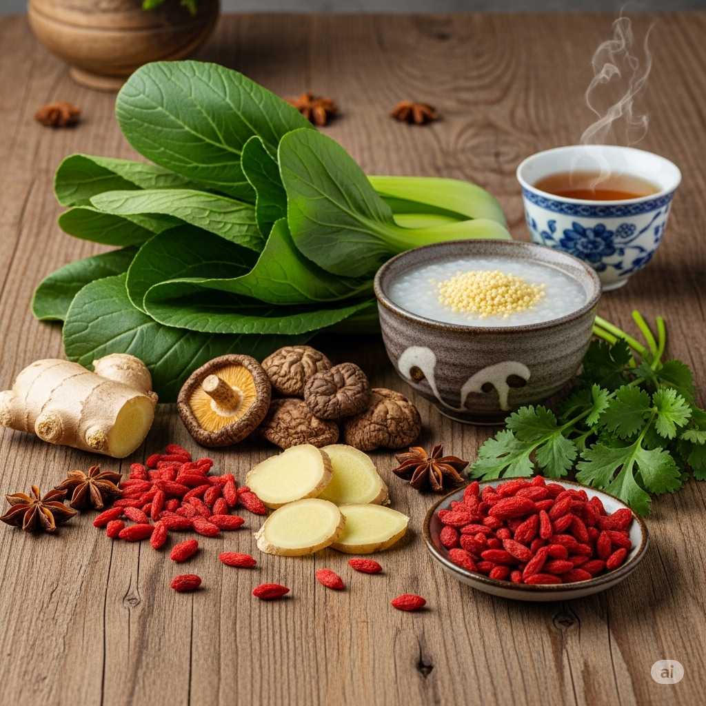 TCM behandling symboliseret ved forskellige fødevarer. Frisk salat, svampe, et par skåle med afkog mm.