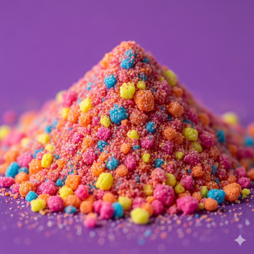 Tilsætningsstoffer og sødemidler symboliseret ved en lille bunke sukrede røde stoffer med top. Lilla baggrund.