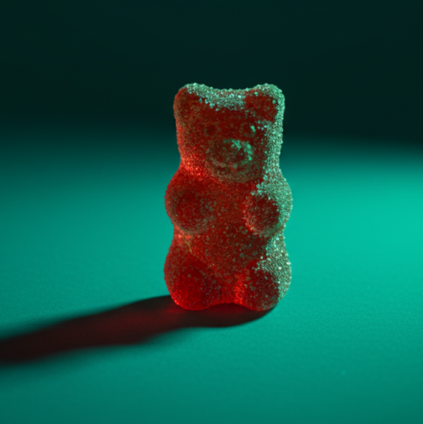 Tilsætningsstoffer og sødemidler symboliseret ved en rød vingummibamse på turkis baggrund.