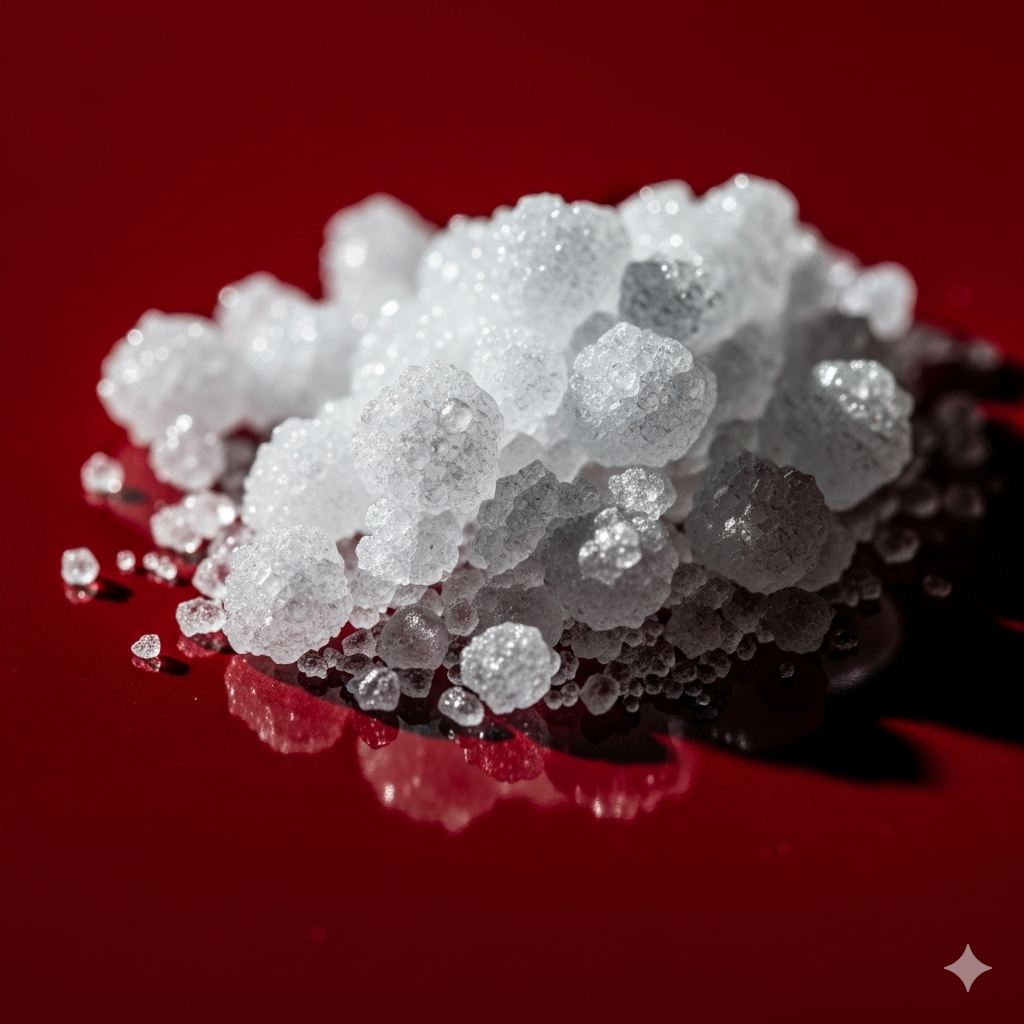 Tilsætningsstoffer og sødemidler symboliseret ved en lille bunke hvide krystaller på bordeux baggrund.