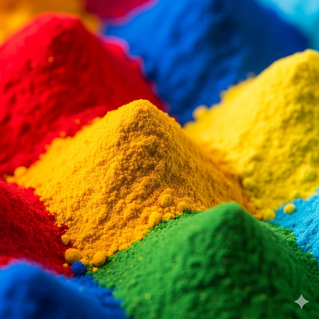 Tilsætningsstoffer og sødemidler symboliseret ved små toppe af farvestof i gul, grøn, blå og rød.